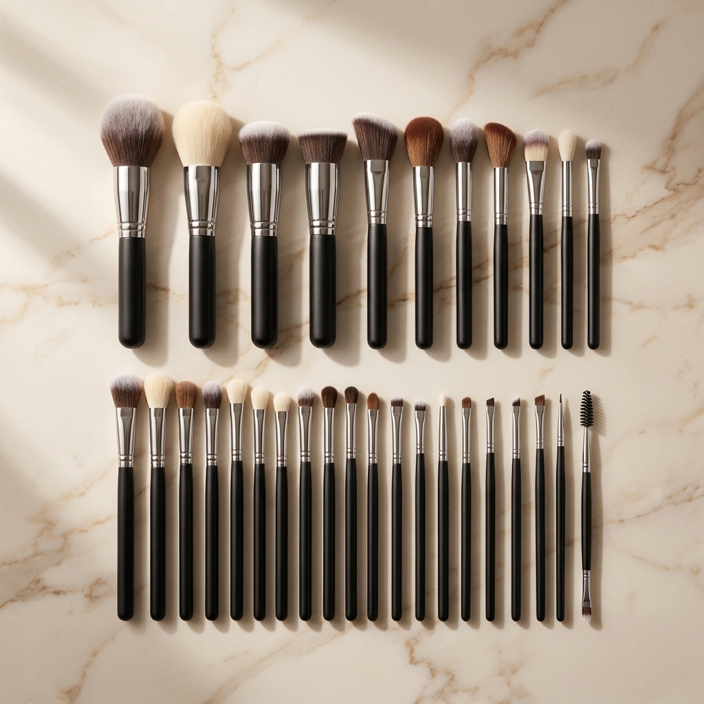 Editorial flat lay of makeup brushes